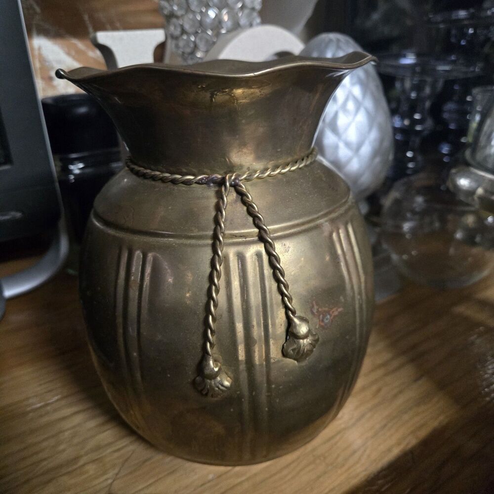 Vintage Brass Vase Made In India Hammered Metal Rope Detail Rustic Decor 8"